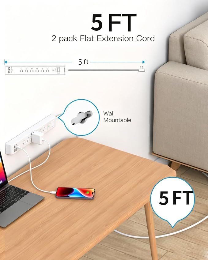 2 Pack Power Strip, 5FT Extension Cord, Surge Protector with 6 Outlets and 4 USB Ports (2 USB C), Flat Plug Overload Protection, Extension Cord with Multiple Outlets, Wall Mount for Home Dorm College