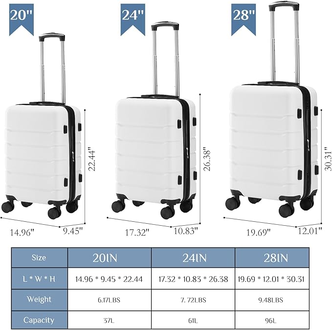 NEWBULIG 24 Inch Checked Luggage, ABS Hard Shell Lightweight Rolling Expandable Suitcase with Smooth Spinner Wheels and TSA Lock for Business Trips and Daily Vacations, White