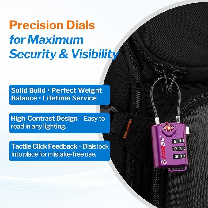 Forge TSA Approved Luggage Locks, Re-settable Combination with Alloy Body (Dark Purple 4 Locks)