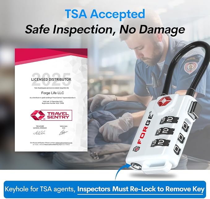 Forge TSA Approved Cable Luggage Locks, Re-settable Combination with Alloy Body(White 2 Locks)