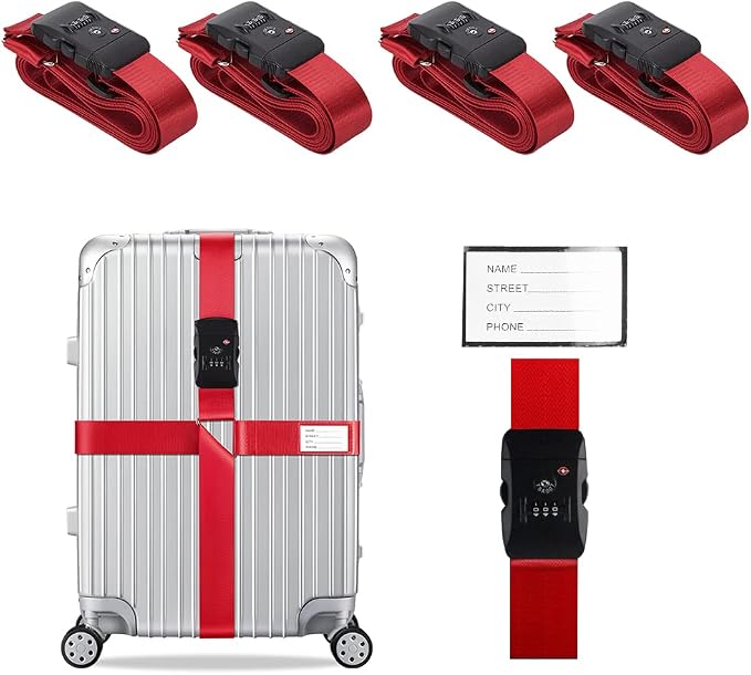 Veki Cross Luggage Straps Set TSA Approved with Lock Adjustable Travel Suitcase Belts Suitcase Tags with Name ID Card Packing Straps for Suitcases Strap Travel Accessories (Red*4pcs)