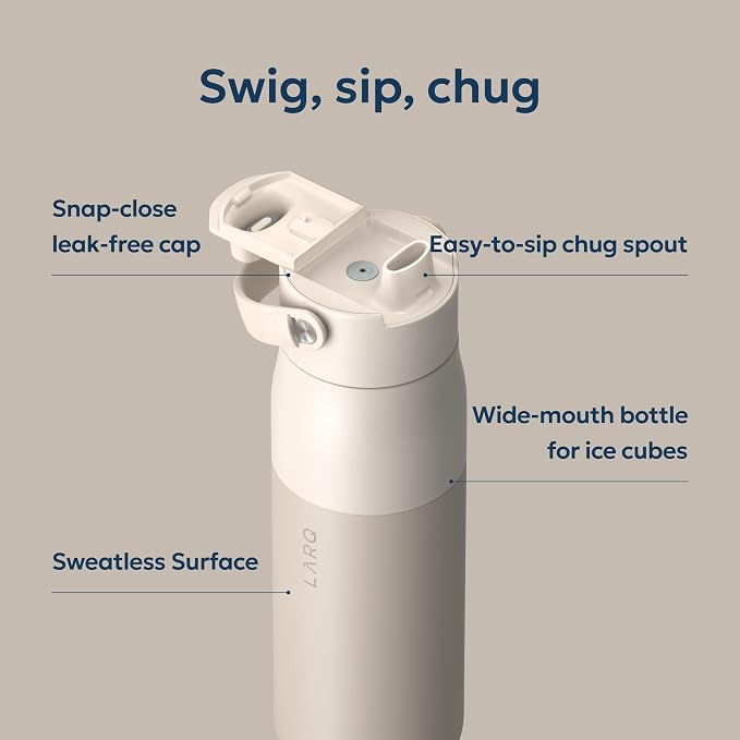 LARQ Swig Top — Insulated Stainless Steel Water Bottle with Straw, Detachable Silicone Handle, Vacuum 24h Cold, BPA-Free Metal Bottle for Gym, Travel, Office, Wide Mouth for Ice — 34 oz, Mojave Dune