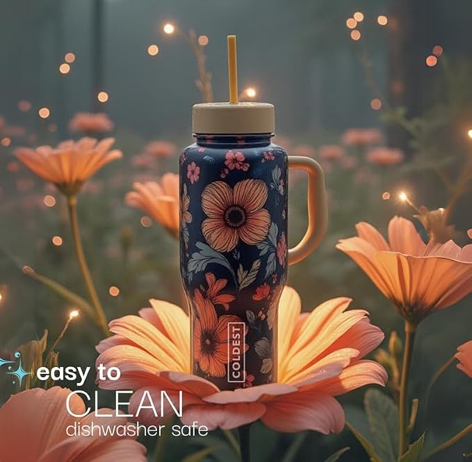 Coldest Tumbler with Handle and Straw - 100% Spill Proof Tumbler with Straw (3 Lids) - Stainless Steel Insulated Leakproof Tumblers for Women & Men - 36 oz (Almond Blossom)