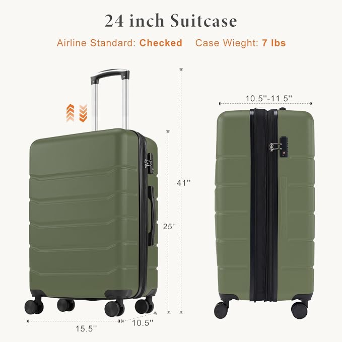 Sweetcrispy Carry on Luggage, Hard Shell ABS Suitcase with Double Spinner Wheels, Lightweight Expandable Rolling Suit Case with TSA Lock, 24 Inch Green