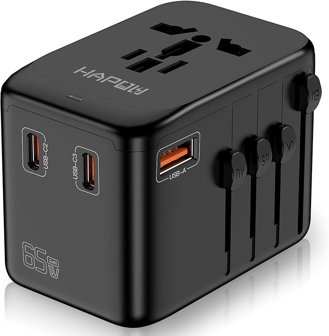 HAPOW Universal Travel Adapter, GaN 65W International Power Adapter, 3 USB-C & 1 USB-A Fast Charging Travel Charger, All in One Worldwide Travel Plug Adapter, Outlet Adapter for Europe UK USA AU
