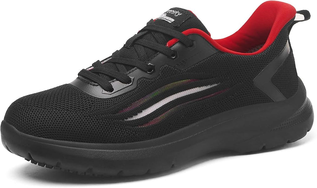 Treesky Black Non Slip Work Shoes for Women, Restaurant & Kitchen Sneakers | Slip resistant soles, lightweight cushioning, breathable knit, removable insole, for nursing, food service & long shifts