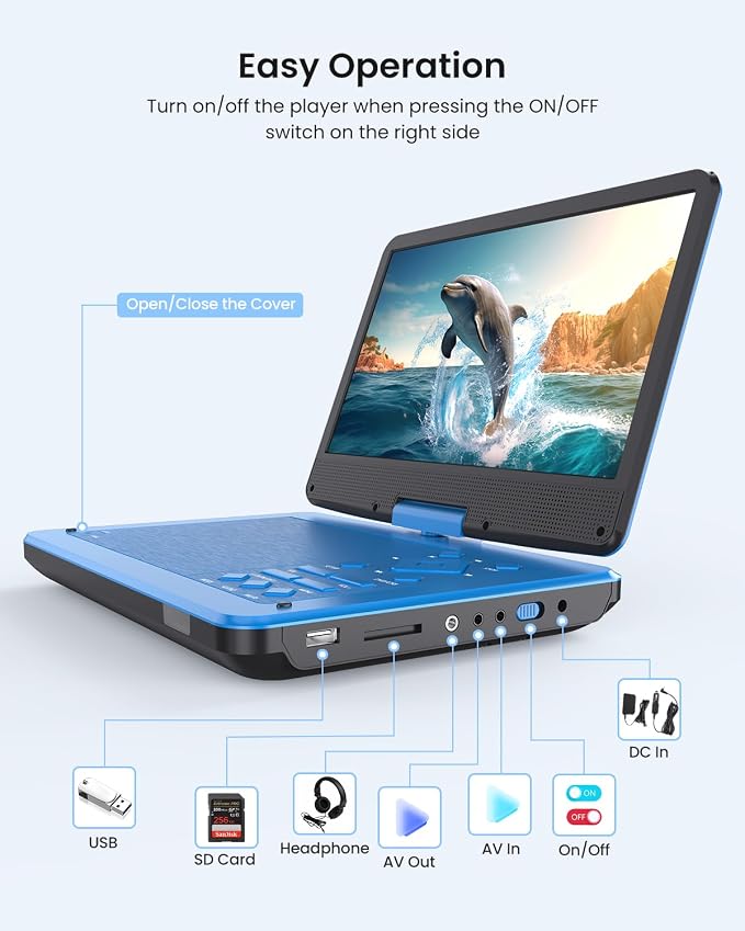 12.5-inch Portable DVD Player with 10.5-inch HD Screen, Portable Design for on-the-go Viewing.Supports 5 Hours of Battery Life.CD/DVD/SD Card/USB Compatible,Region Free (Blue)