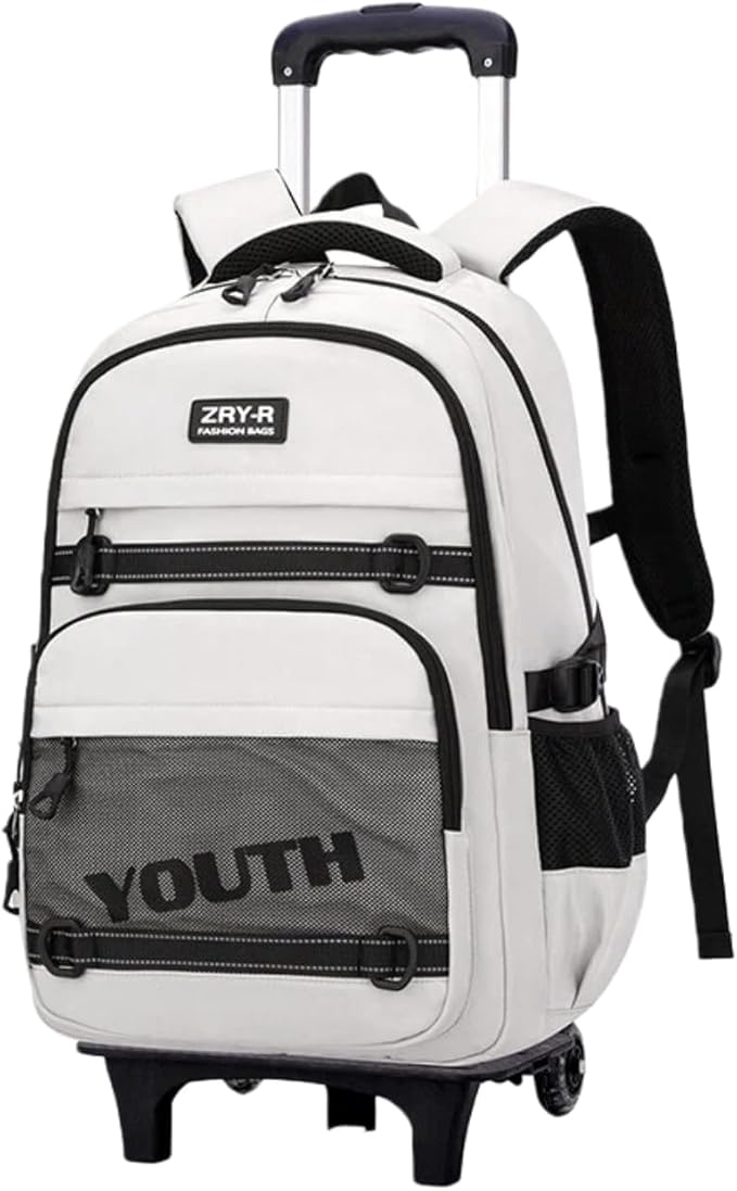EKUIZAI Kids Rolling Wheeled Backpack for Boys Girls Roller Middle School Backpack with Wheels Rolling Bookbag Trolley Bag for Kids，2 Wheels White