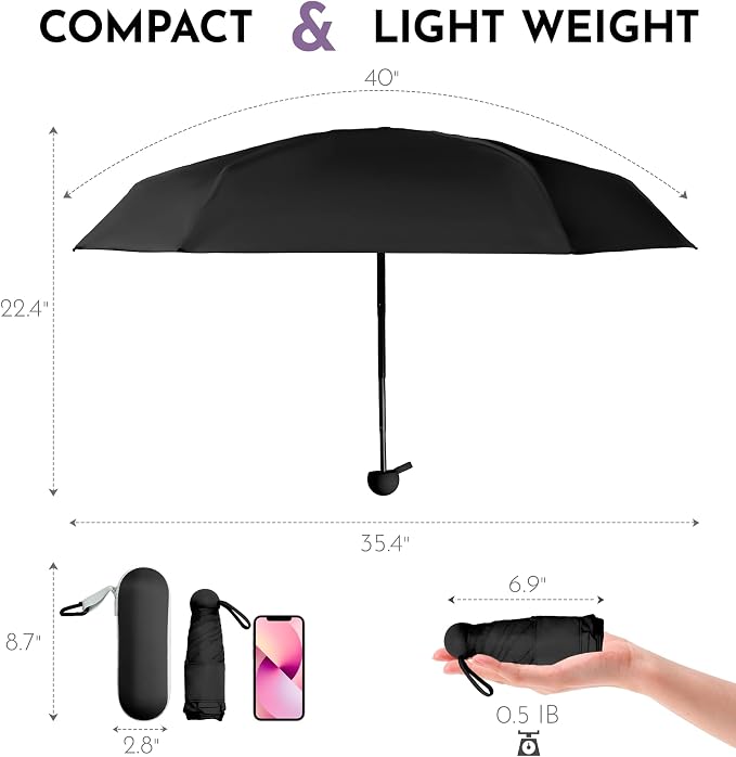 Travel Mini Umbrella Compact Small & Lightweight, UV Rain Protection, Pocket-Sized Folding Umbrellas with Quickdraw & Case for Men Women & Kids Backpack