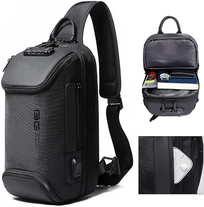 BANGE Sling Backpack with Lock, Anti Theft Crossbody Shoulder Bag for Men Women, Waterproof Small Daypack with USB Charging Port for Outdoor Sports