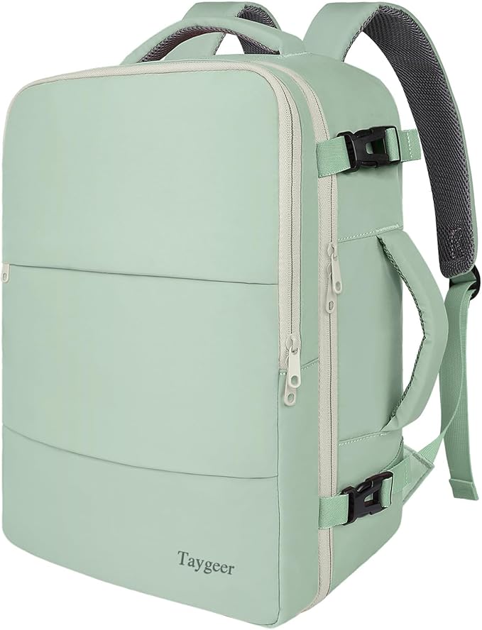 Taygeer Carry On Backpack, 40l Travel Backpack for Women Airline Approved, Cute Underseat Personal Item Travel Bag With Shoe Compartment, Casual Daypack Gifts for Friend Hiking Weekend, Green Beige