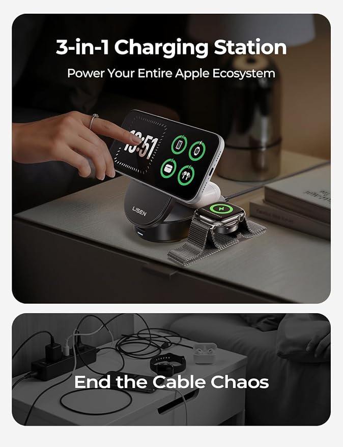 LISEN [Ultra-Fast 25W] 3-in-1 Charging Station for Apple, Qi2.2 25W Foldable Wireless MagSafe Charger Stand for iPhone 17/16/15/14/13 Pro Max, Apple Watch&AirPods, Travel Portable with 45W Adapter | [3 in 1 Qi2.2 25W Fast Charging] Wireless Charger iPh...