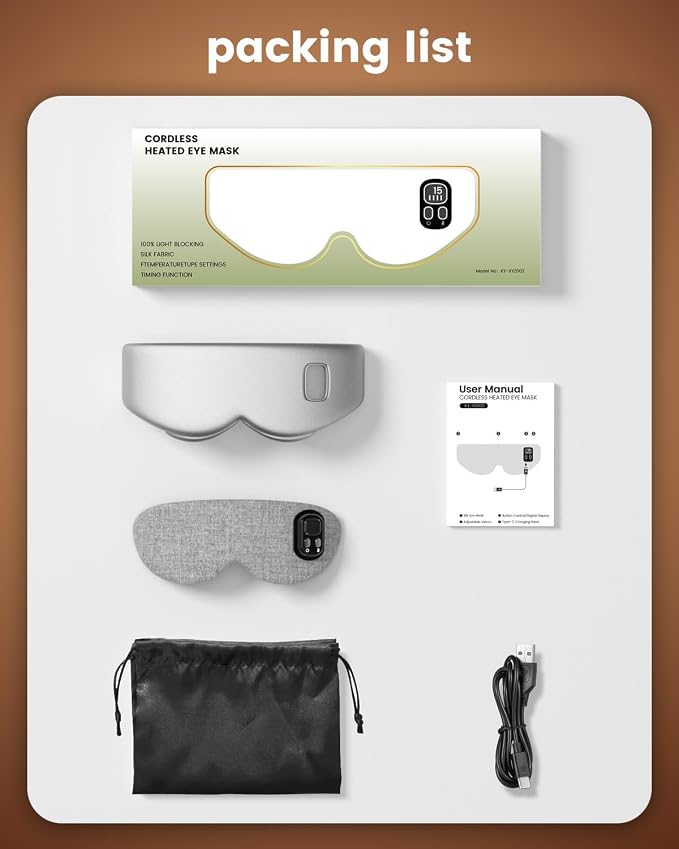 Heated Eye Mask - Cordless Eye Mask for Dry Eyes, Eye Relief, Improved Sleep, Timed Shutdown, 4 Temperature, Washable Eye Heating Pad for Travel, Removable for Cleaning - Grey