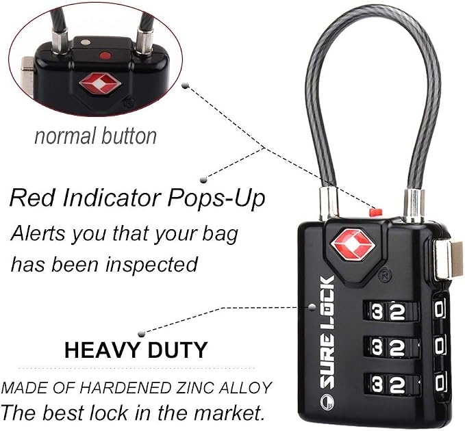 SURE LOCK TSA Approved Luggage Locks with Open Alert Indicator, 3 Digit Combination Cable Travel Lock for Suitcase, Backpack, Gym Locker, Toolbox & Travel Bag(Black 6 Pack