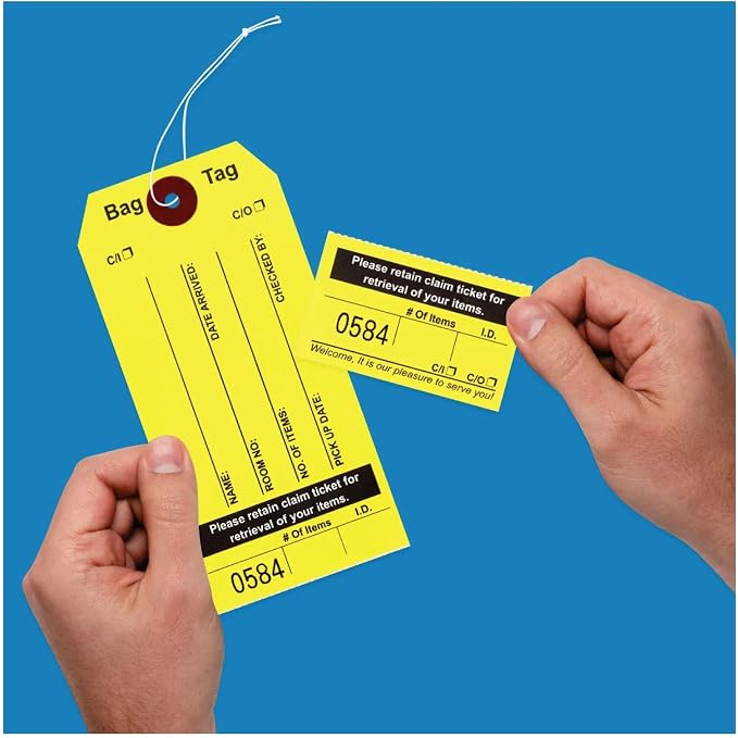 1000 Yellow Bag Claim Check Tags with Elastic String, Printed in Black Ink with 8 Labels & Matching Numbers for Multiple Bags. Hotel Bag Tags for Organizing Luggage. Size: 6 3/4" (H) x2 1/2" (W).