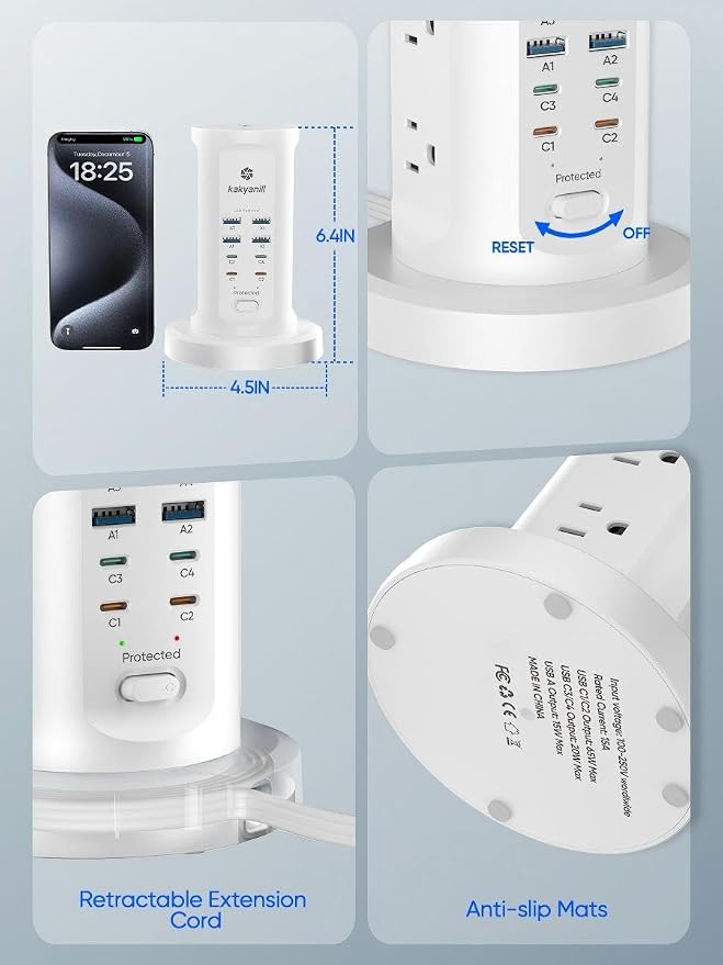 Kakyanill 115W USB Charging Station, Power Strip Tower, 9 AC Outlets with 8 USB Ports(4 USB-C), 6Ft Flat Plug Retractable Extension Cord, for Home Office Dorm, White