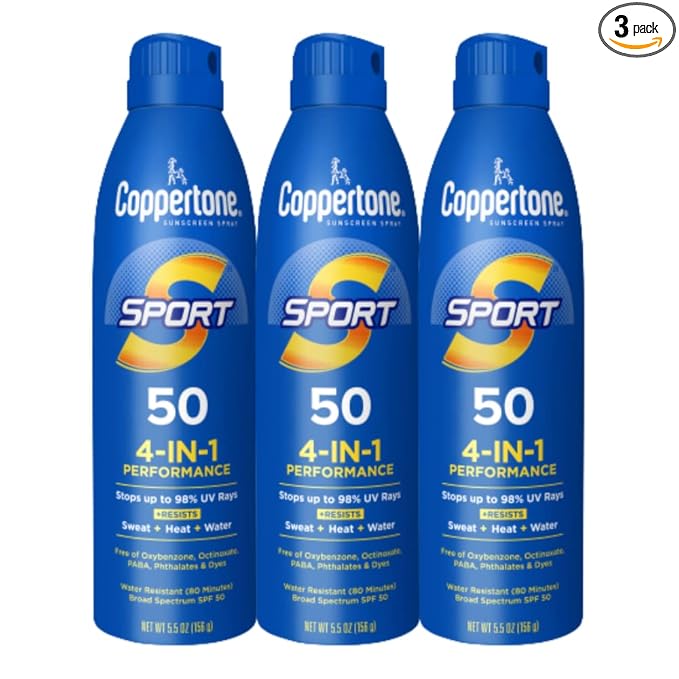 Coppertone Sport Sunscreen Spray SPF 50, Sweat, Heat and Water Resistant Sunblock, Lightweight, Oxybenzone Free, Spray Sunscreen Bulk Pack, 5.5 Oz Bottle, Pack of 3