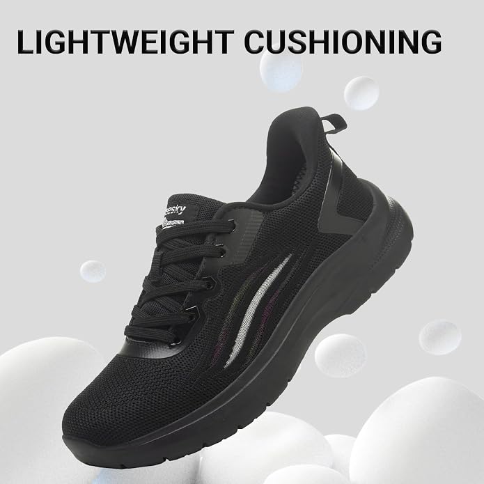 Treesky Black Non Slip Work Shoes for Women, Restaurant & Kitchen Sneakers | Slip resistant soles, lightweight cushioning, breathable knit, removable insole, for nursing, food service & long shifts