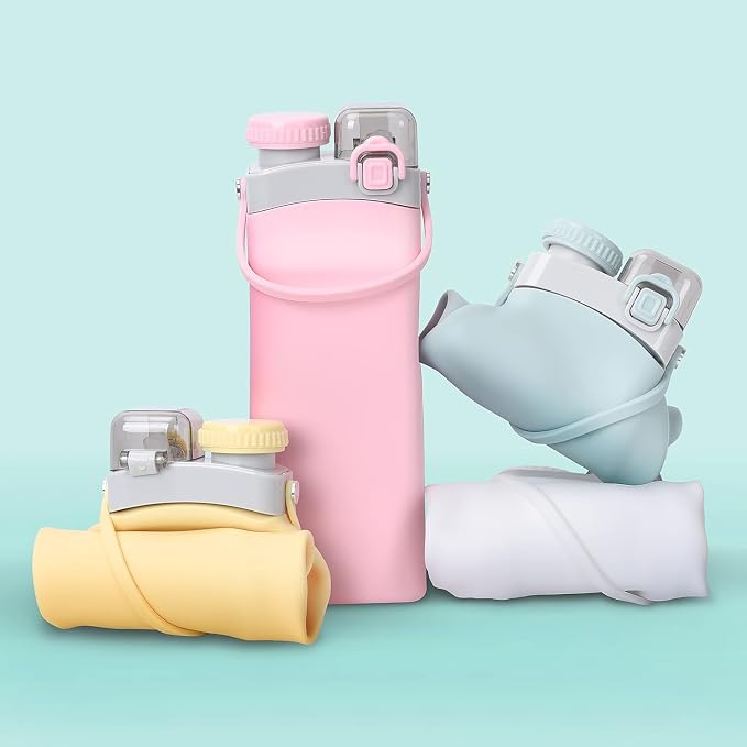 Collapsible Silicone Water Bottle || 600 ML Folding Water Bottle With Straw And Hook || Portable Water Bottle For Hiking, Camping, Sports, Road Trips, Outdoor (Pack Of 1) (Water Bottle)