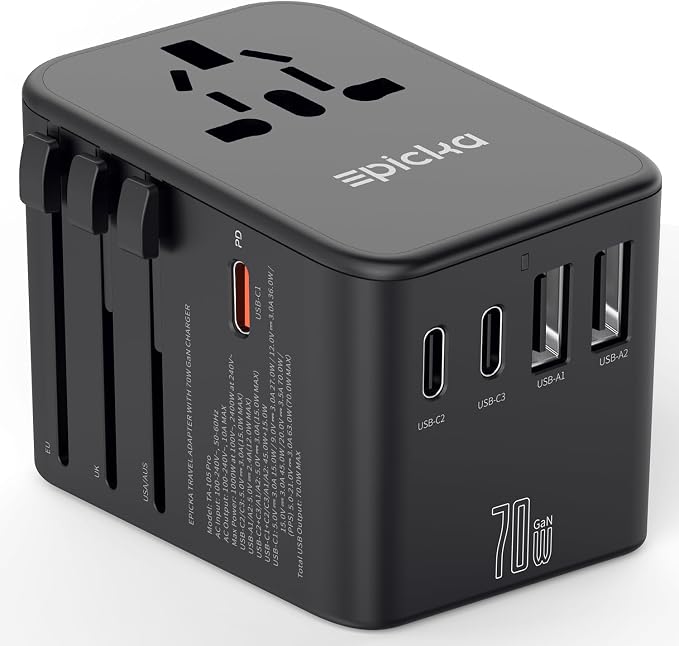 EPICKA Universal Travel Adapter, GaN International Plug Adapter with 3 USB-C 70W PD Fast Charging & 2 USB-A Adaptor All-in-one Wall Charger for USA EU UK AUS (TA-105 Pro, Black)