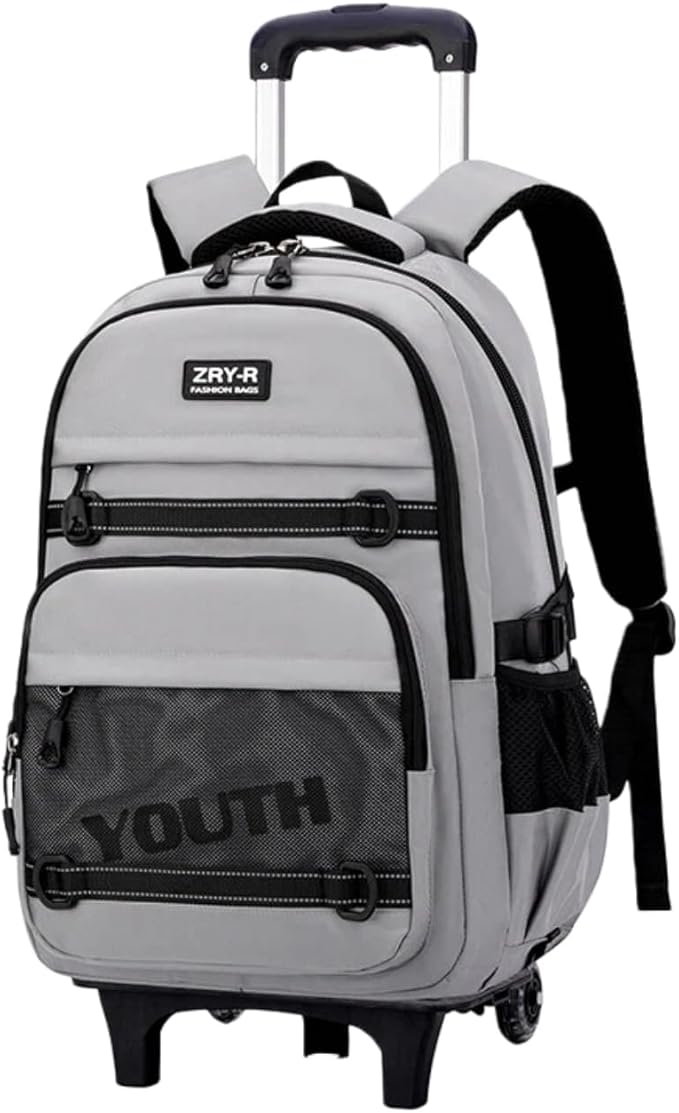 EKUIZAI Kids Rolling Wheeled Backpack for Boys Girls Roller Middle School Backpack with Wheels Rolling Bookbag Trolley Bag for Kids，2 Wheels Grey