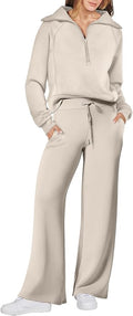 ANRABESS Women’s 2 Piece Outfits Half Zip Sweatshirt & Wide Leg Pants Airport Travel Lounge Matching Sets Sweatsuits Clothing