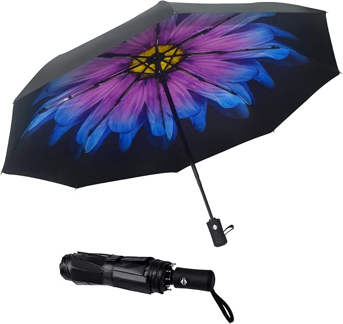 SY COMPACT Travel Umbrella - Windproof Automatic Compact Umbrella for Rain, Lightest 8-Rib, Small, Strong & Portable, Durable Grip, Fits Backpack & Car, Factory Direct (UV Available)