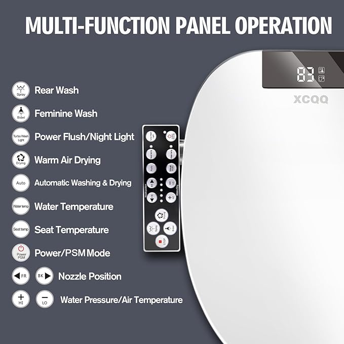 XCQQ Electric Heated Bidet Toilet Seat with Warm Water Wash, Warm Air Dryer, Soft Closed Lid, Night Light, LED Display, Toilet Seat with Bidet Requires Outlet - Round