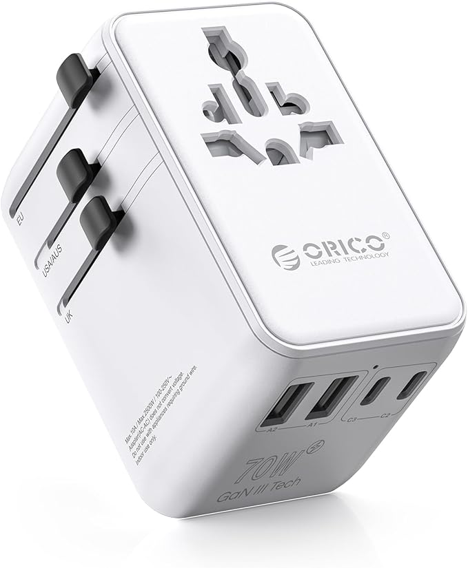 ORICO Universal Travel Adapter 70W GaN International Power Adapter with 2 AC, 3 USB-C and 2 USB-A Ports, Built-in Retractable USB-C Cable, European Travel Plug Adapter for Eu US UK AU & 200+ Countries