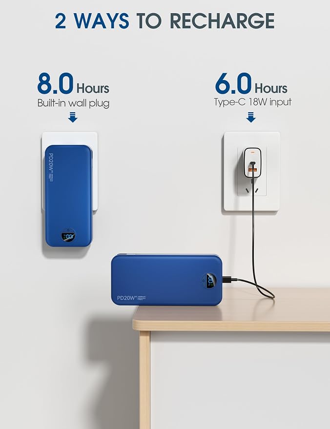 citicr Portable Charger 20000mAh PD20W w/Built-in Cables & Wall Plug Navy | High capacity, Fast charging, Built-in wall plug, LED display, Charge 5 devices at once, Pass through charging, TSA approved