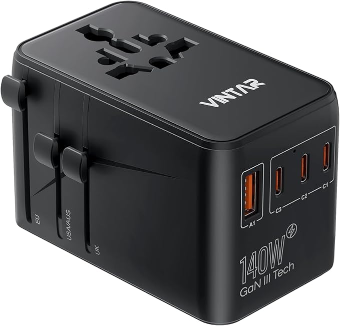 VINTAR 140W GaN Universal Travel Adapter, 6-in-1 International Power Adapter with 2AC, 3 USB-C PD & 1 USB-A QC, All-in-One Charger Compatible with EU/UK/US/AU for Laptops, Tablets, Phones, Cameras