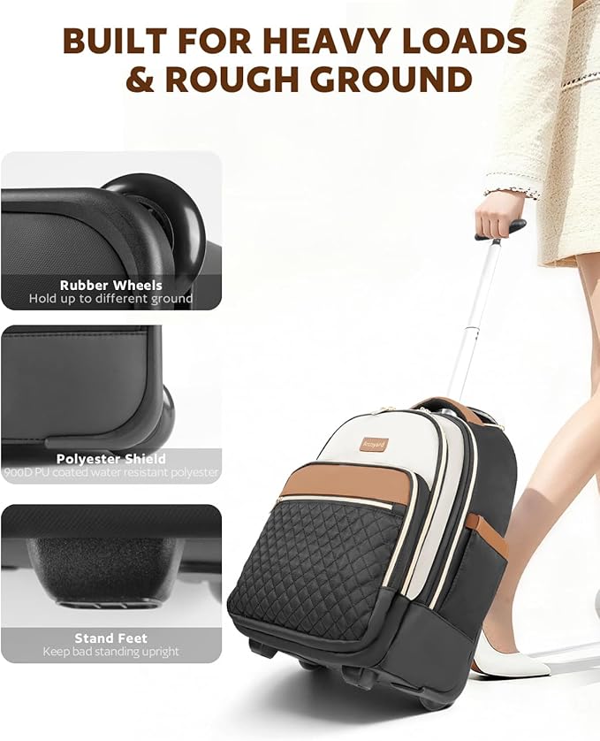 Arcoyard Rolling Backpack Carry On Luggage For Adults With Wheels, 40L Wheeled Backpack For Women, Travel Roller Bag, Beige Brown