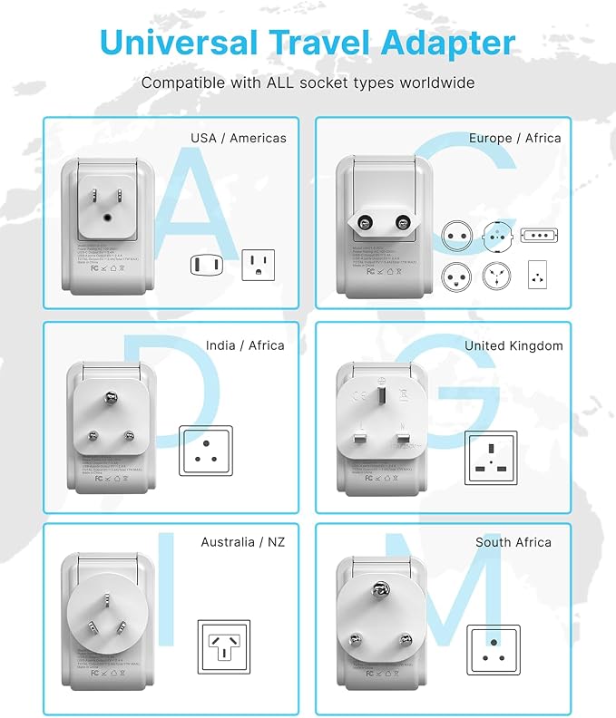 VINTAR Universal Travel Adapter Kit, 0.5ft Detachable Extension Cord with 2 AC Outlets & 3 USB(2 USB C), Type A/C/G/D/I/M International Power Adaptor for US to Europe UK India South Africa Japan