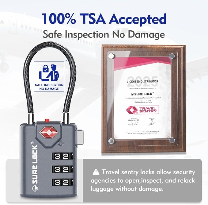 SURE LOCK TSA Approved Luggage Locks with Open Alert Indicator, 3 Digit Combination Cable Travel Lock for Suitcase, Backpack, Gym Locker, Toolbox & Travel Bag(Grey 2 Pack)