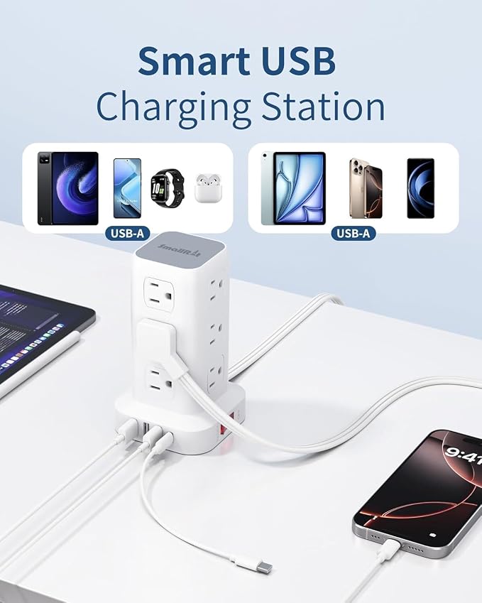 Extension Cord with Multiple Outlets, SMALLRT Flat Plug Surge Protector Power Strip Tower, Power Bars with USB 12 AC Outlets, 16.5FT Ultra Thin Extension Cord for Home Office, Overload Protection