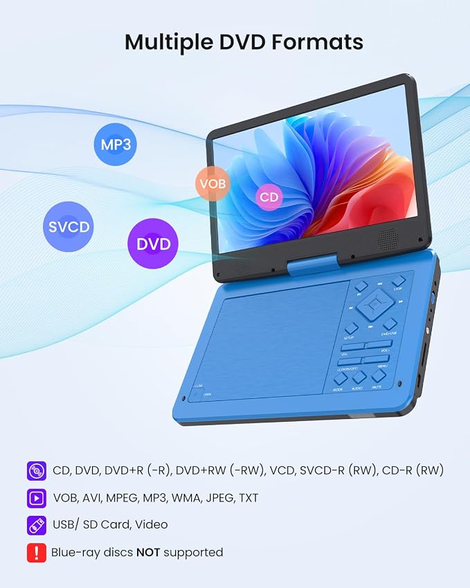 12.5-inch Portable DVD Player with 10.5-inch HD Screen, Portable Design for on-the-go Viewing.Supports 5 Hours of Battery Life.CD/DVD/SD Card/USB Compatible,Region Free (Blue)