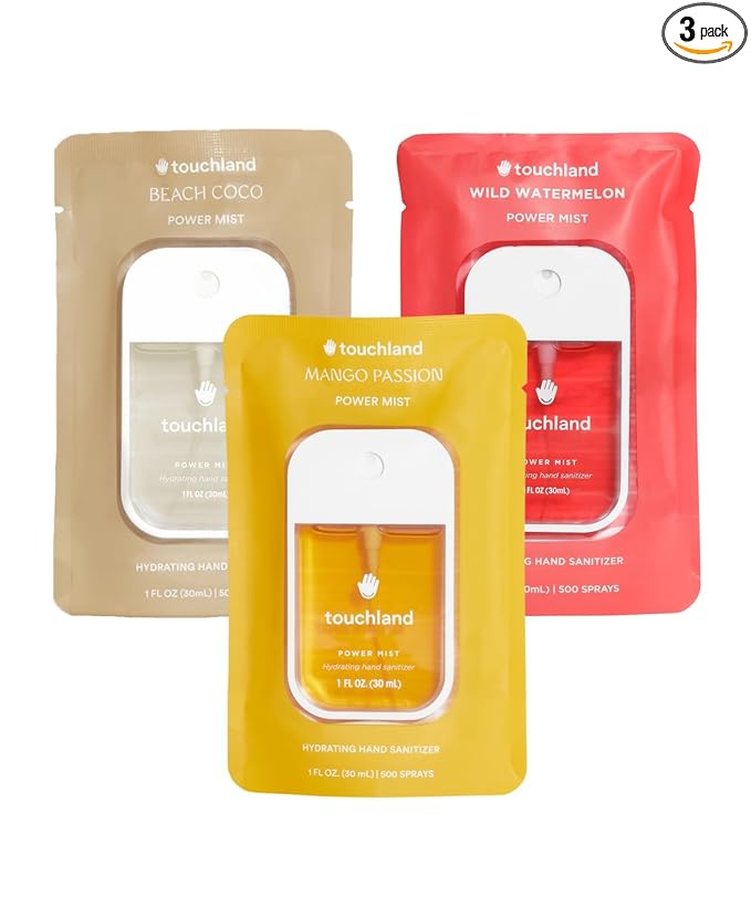 Touchland Hydrating Hand Sanitizer Spray – Tropical Trio Set (Mango Passion, Beach Coco, Wild Watermelon) – 3 x 1 FL OZ Travel Size Mists