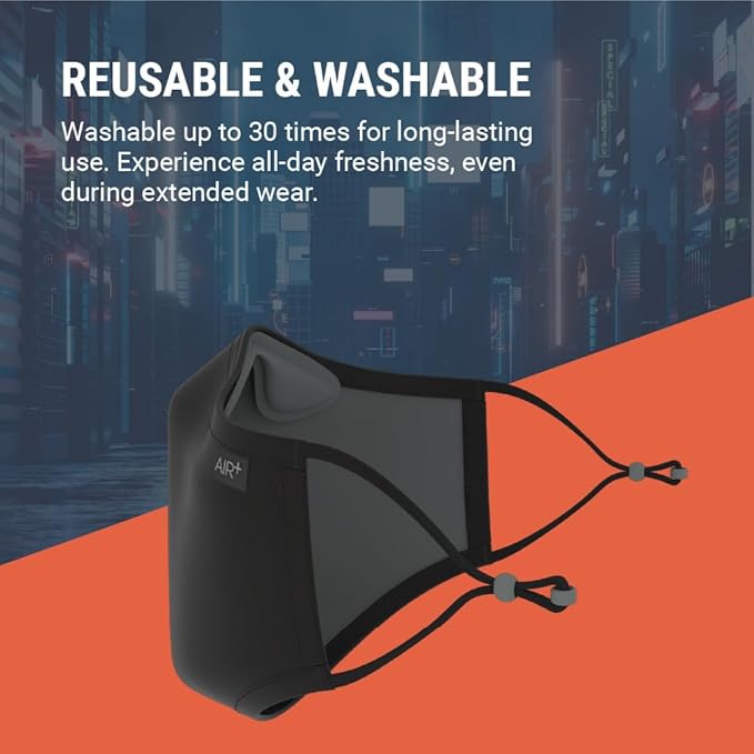 AIR+ Reusable Face Mask, Multi-Layer, Washable, Breathable, for Men & Women, Anti-fog for Glasses, Adjustable Ear Loops