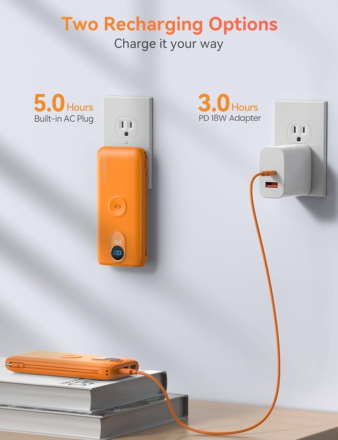 Portable Charger, 10000mAh 20W Fast Charging Power Bank with Built in Cables & AC Wall Plug & LED Display, Travel Essentials Battery Pack Powerbank for iPhone, iPad, iWatch, Samsung, Orange