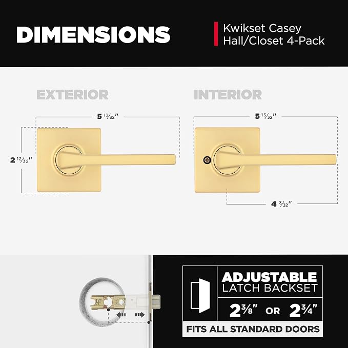 Kwikset Casey Interior Square Passage Door Handle, Lever for Closet and Hallway Doors, Reversible Non-Locking Handle Lever, Satin Brass 4 Pack