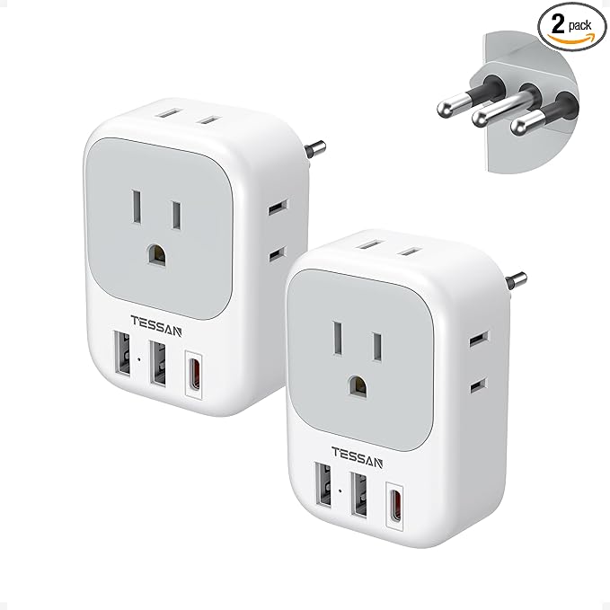 TESSAN Italy Travel Plug Adapter 2 Pack, Italy Power Adaptor with 4 Outlets 3 USB Charger(1 USB C PD 20W), Type L Adapter for US to Chile Libya Syria Tunisia Uruguay