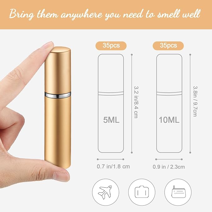 Motiskyy 70 Pcs 5 ml 10 ml Refillable Perfume Atomizers Bulk - Mini Travel Cologne Sprayers with Refill Pump & Transfer Tool for Perfume Makers & Small Studios(Mixed Color)