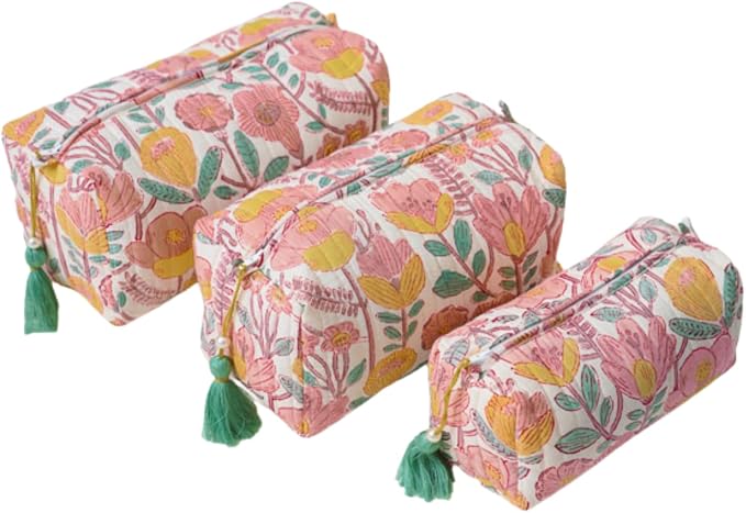 Saffron Marigold Quilted Makeup Bag Set of 3, Hand Block Printed Cotton Cosmetic Bags for Women, Waterproof Lined Travel Toiletry Bag, Coquette Floral Aesthetic, Handmade Gift, Sunspell Garden