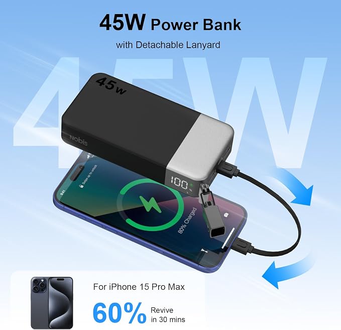 NOBIS Portable Charger 20000mAh, 45W Power Bank Fast Charging, 4-Output Battery Pack w/Detachable Dual Type-C Lanyard Cable & Hook, Battery Bank w/Digital Display for Phone, Laptop, Steam Deck