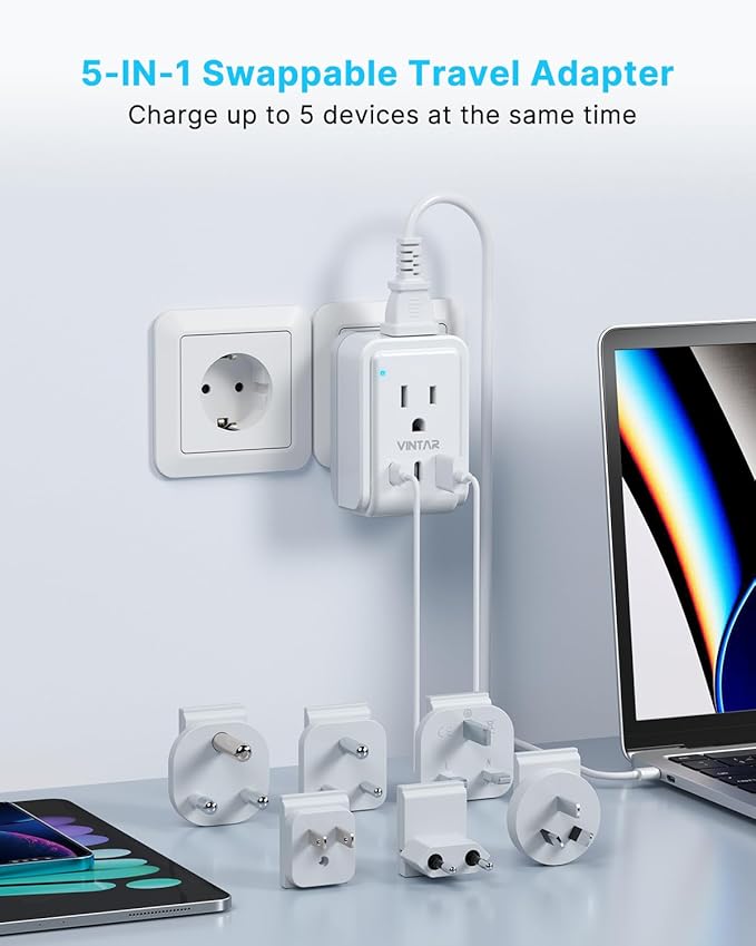 VINTAR Universal Travel Adapter Kit, 0.5ft Detachable Extension Cord with 2 AC Outlets & 3 USB(2 USB C), Type A/C/G/D/I/M International Power Adaptor for US to Europe UK India South Africa Japan