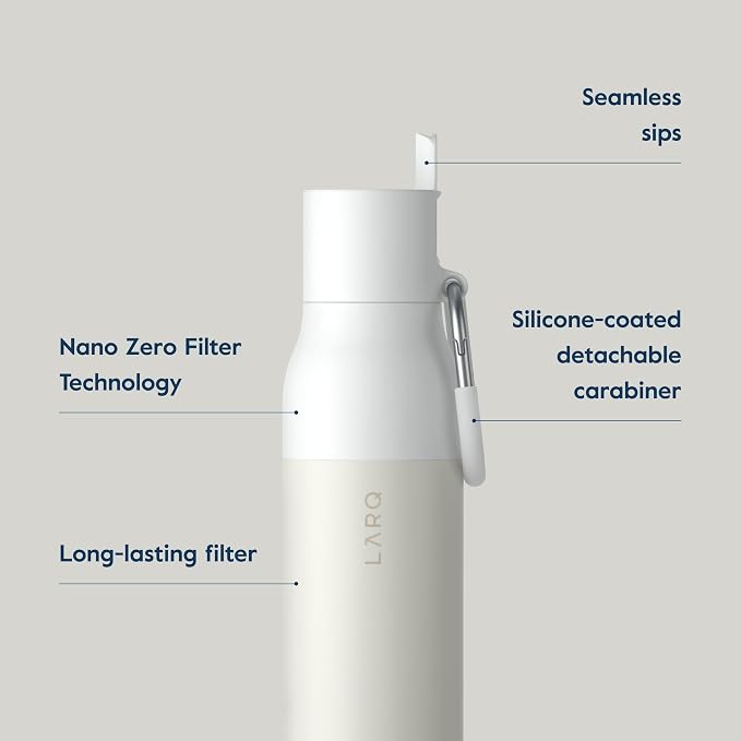 LARQ Bottle Filtered – Insulated Stainless Steel Water Bottle with Filter Straw, Removes Chlorine, PFAS Lead, BPA-Free Leak Proof Flip Top, 24h Cold for Travel Gym Office, 25 oz, Granite White