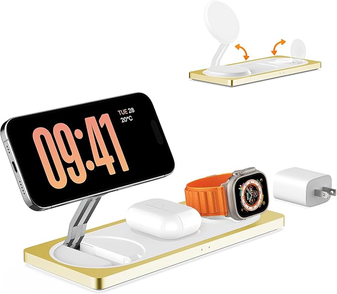 PETINO 3 in 1 Wireless Charging Station for Apple Devices with MagSafe | For iPhone 17/Air/16/15/14/13/12, AirPods & Apple Watch, Foldable Portable Aluminum Charging Stand, Adapter Included