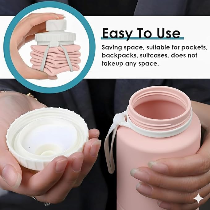 Folding Silicone Water Bottle | Collapsible Travel Water Bottle for Gym, Office, School, Cycling, Hiking & Outdoor Sports | Leak-Proof, Portable Bottle | 600 Ml (Pink)