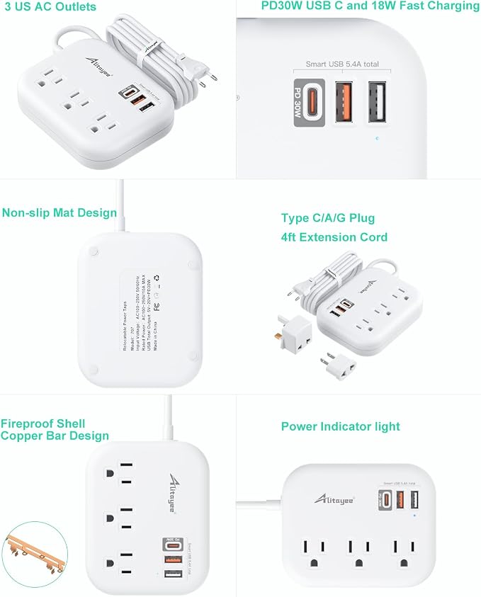 Alitayee PD30W USB C Travel Power Strip, European Travel Plug Adapter with 3 Outlets 3 USB Ports, International Universal Plug Adapter with 4ft Extension Cord to EU US UK Italy Spain France Germany