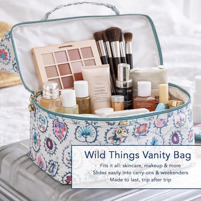 Jacaranda Living Vanity Bag/Train Case - Water-Resistant, PVC-Lined, Easy to Clean, Compact & Travel Ready Makeup Organizer, Summer Splash-Proof Bag - Wild Things